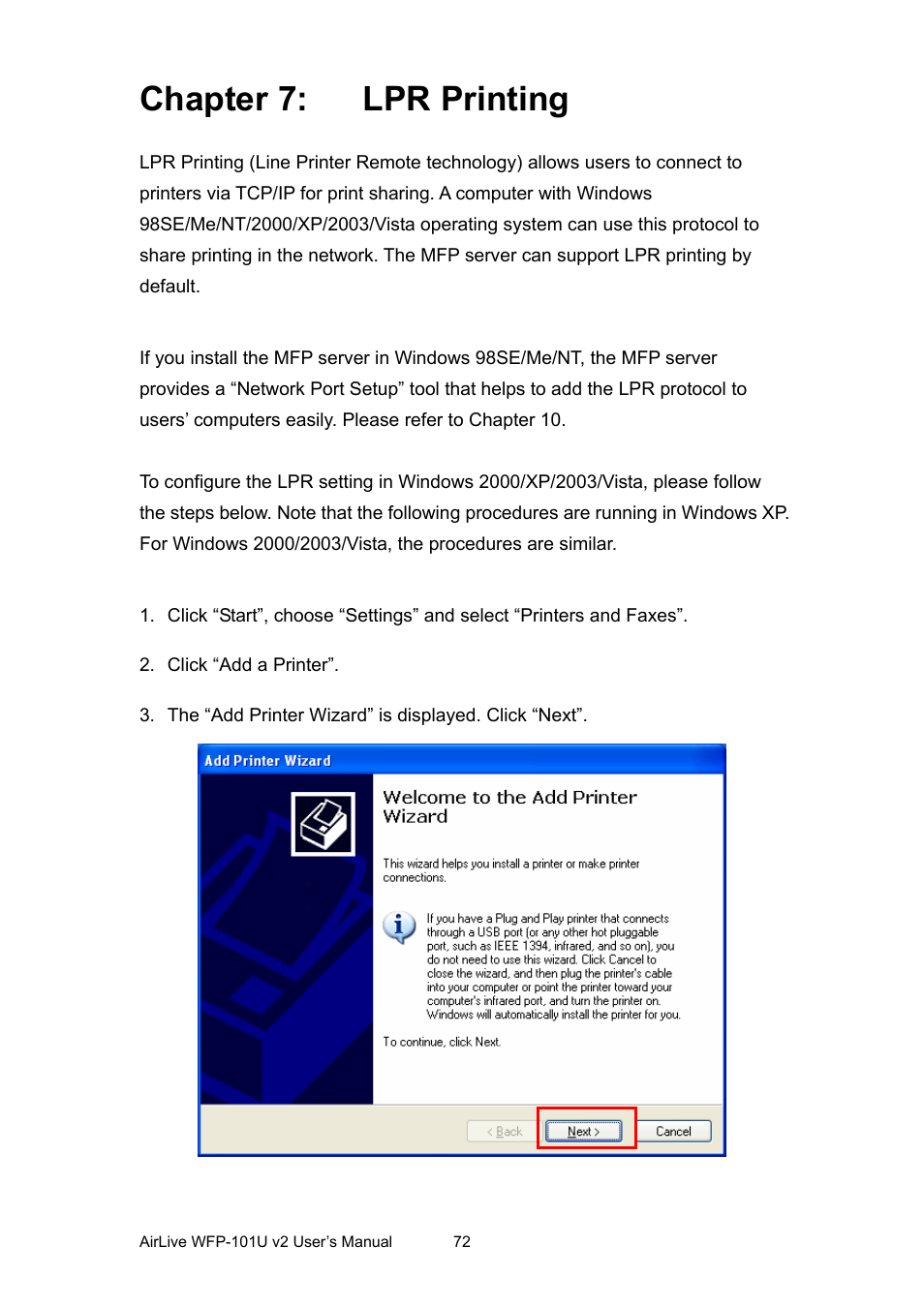 Chapter 7: lpr printing, Chapter 7, Lpr printing | AirLive WFP-101U v2 User Manual | Page 80 / 106