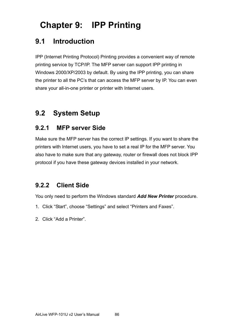 Chapter 9: ipp printing, 1 introduction, 2 system setup | 1 mfp server side, 2 client side, Chapter 9, Ipp printing, Ntroduction, Ystem, Etup | AirLive WFP-101U v2 User Manual | Page 94 / 106