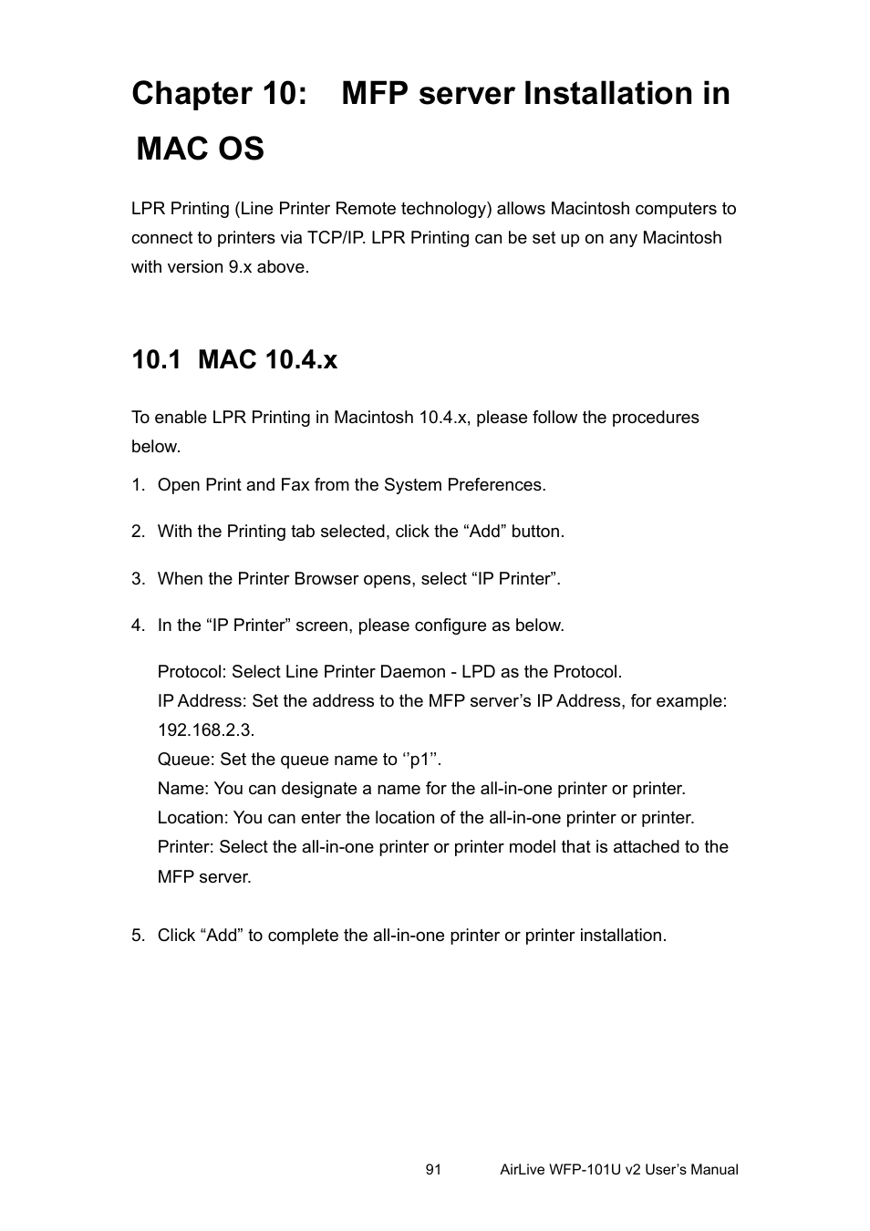 Chapter 10: mfp server installation in mac os, 1 mac 10.4.x, Chapter 10 | Mfp server installation in mac os | AirLive WFP-101U v2 User Manual | Page 99 / 106