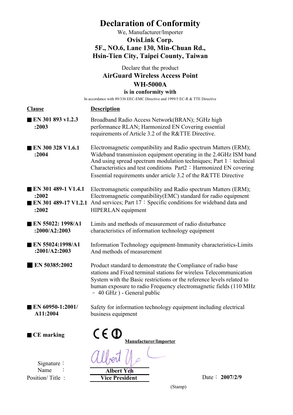 Sheet1, Declaration of conformity | AirLive WH-5000A User Manual | Page 2 / 62