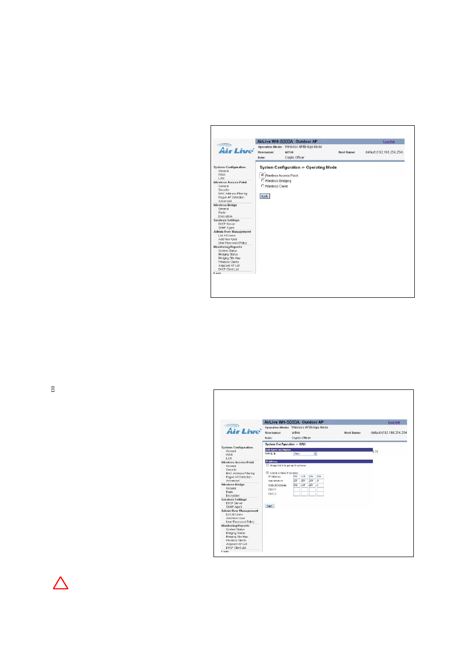 Wh-5000a serials user guide, 2 system configuration – operating mode, 3 system configuration – wan | AirLive WH-5000A User Manual | Page 21 / 62