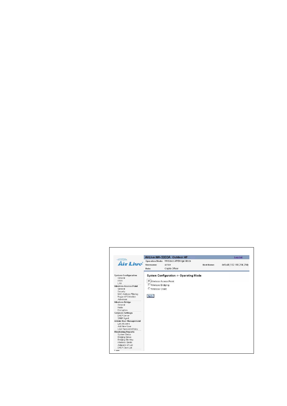 Wh-5000a serials user guide, Chapter 4: wireless access point configuration, 1 select operation mode | AirLive WH-5000A User Manual | Page 23 / 62