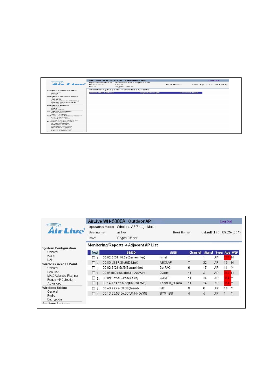 Wh-5000a serials user guide, 4 wireless clients, 5 adjacent ap list | 6 dhcp client list | AirLive WH-5000A User Manual | Page 53 / 62