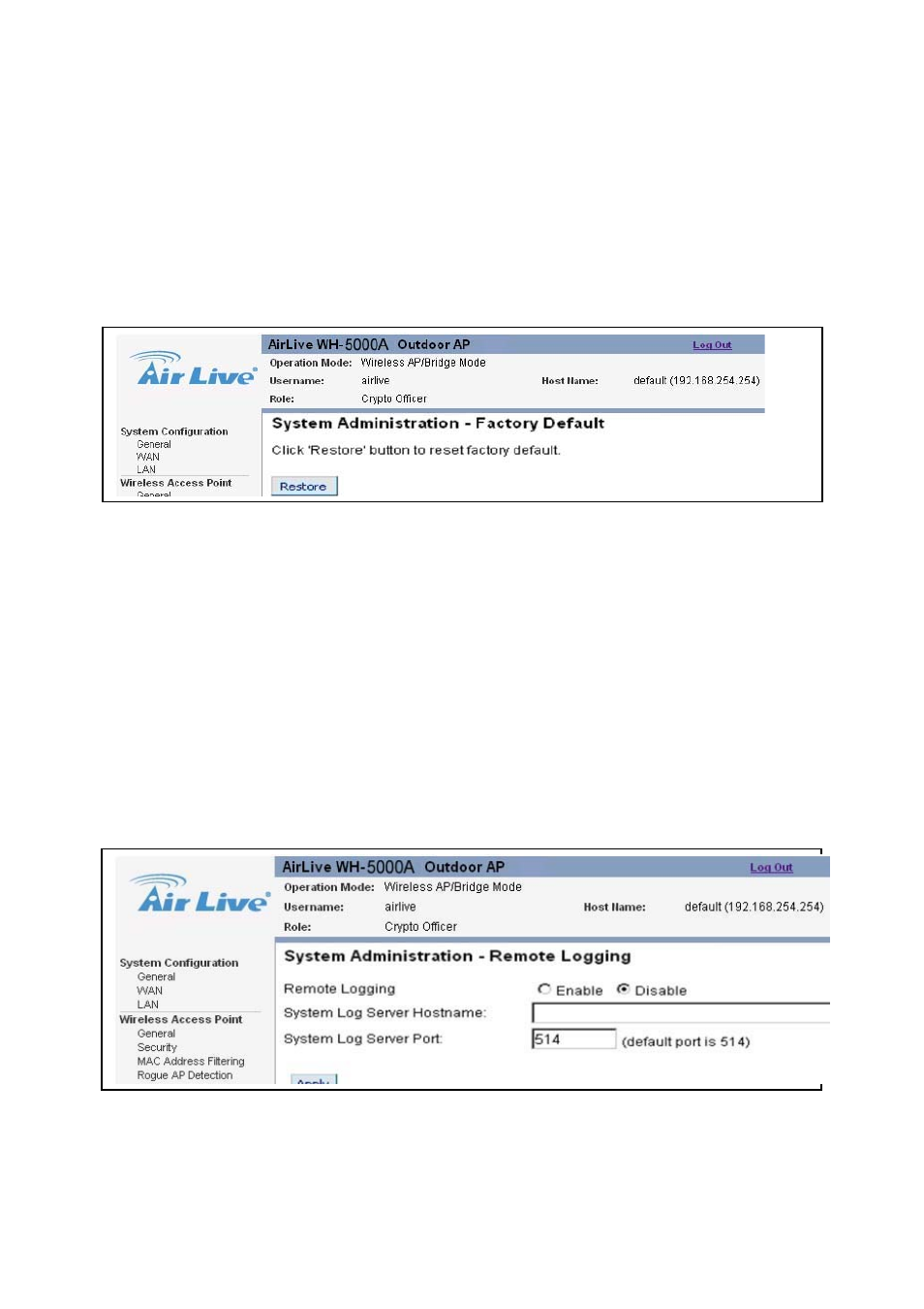 Wh-5000a serials user guide, 2 factory default, 3 remote logging | AirLive WH-5000A User Manual | Page 59 / 62