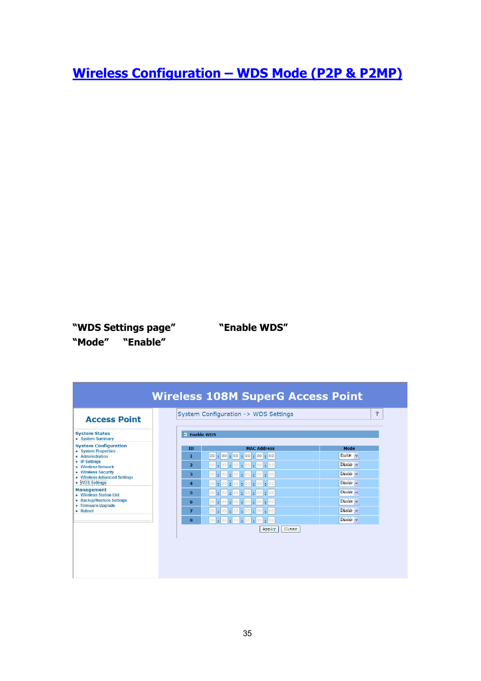 Wireless configuration – wds mode (p2p & p2mp) | AirLive WH-5410G User Manual | Page 35 / 51