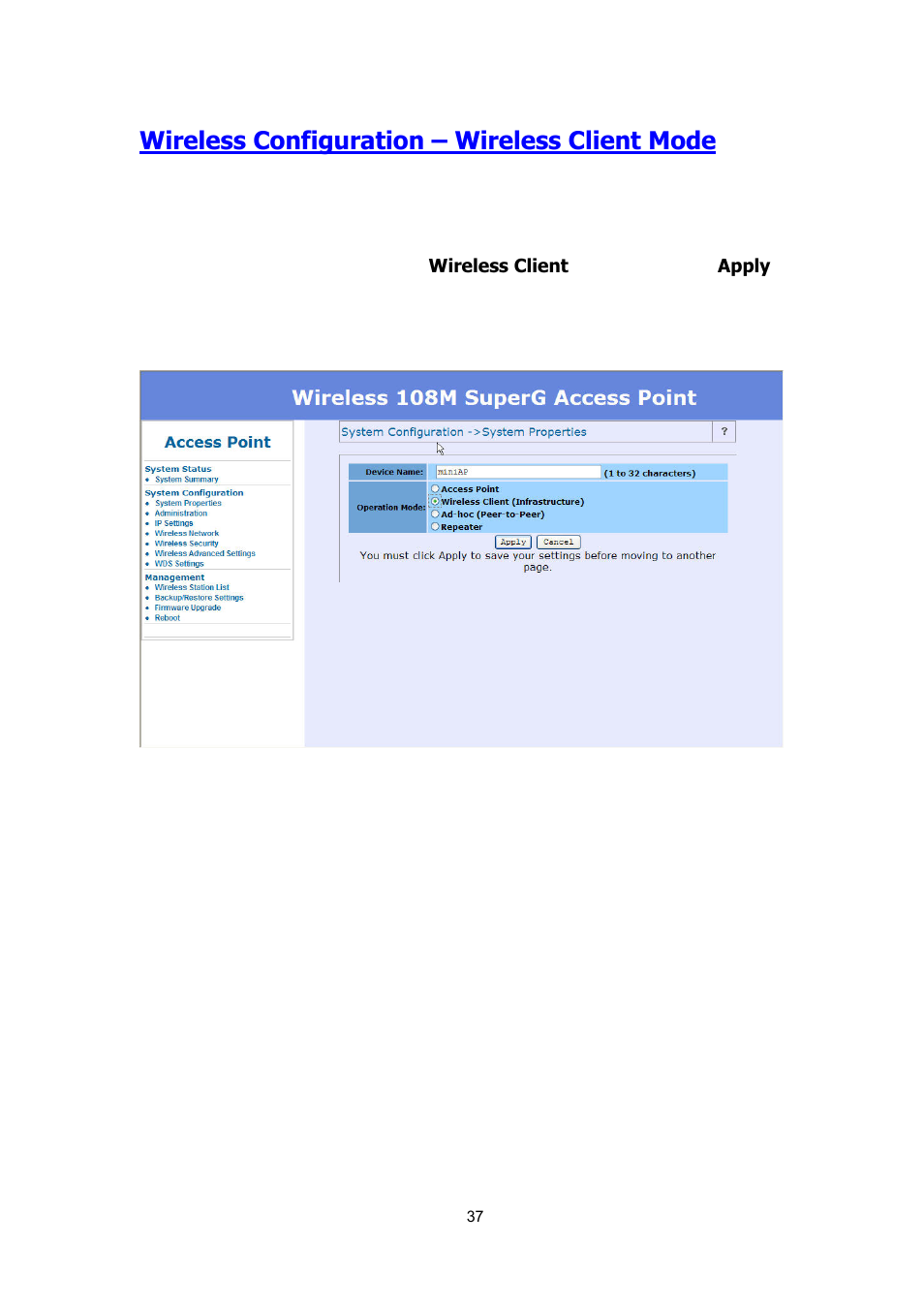 Wireless configuration – wireless client mode | AirLive WH-5410G User Manual | Page 37 / 51