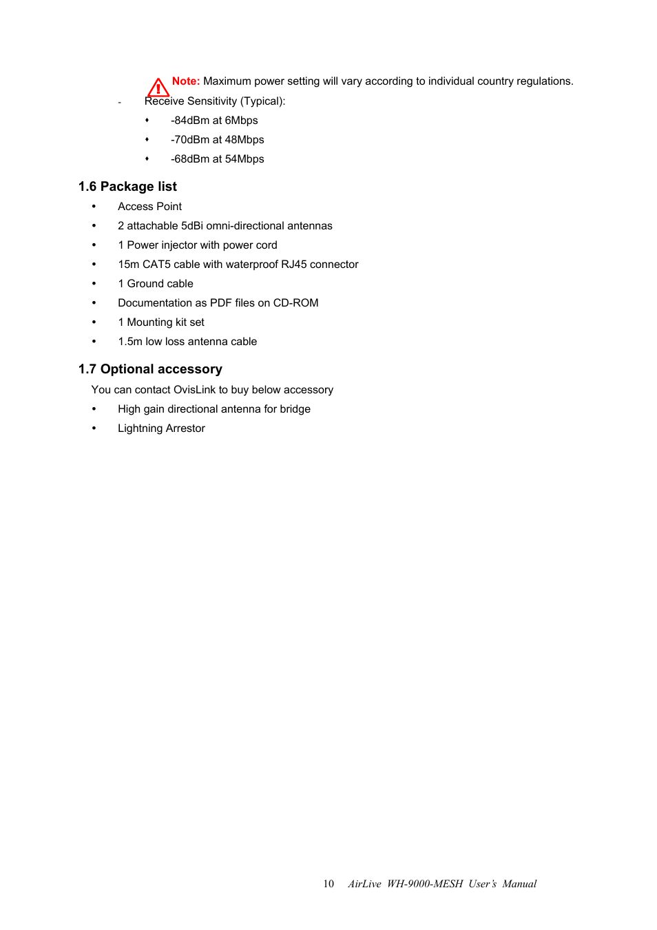 6 package list, 7 optional accessory, 6 package list 1.7 optional accessory | AirLive WH-9000MESH User Manual | Page 11 / 66