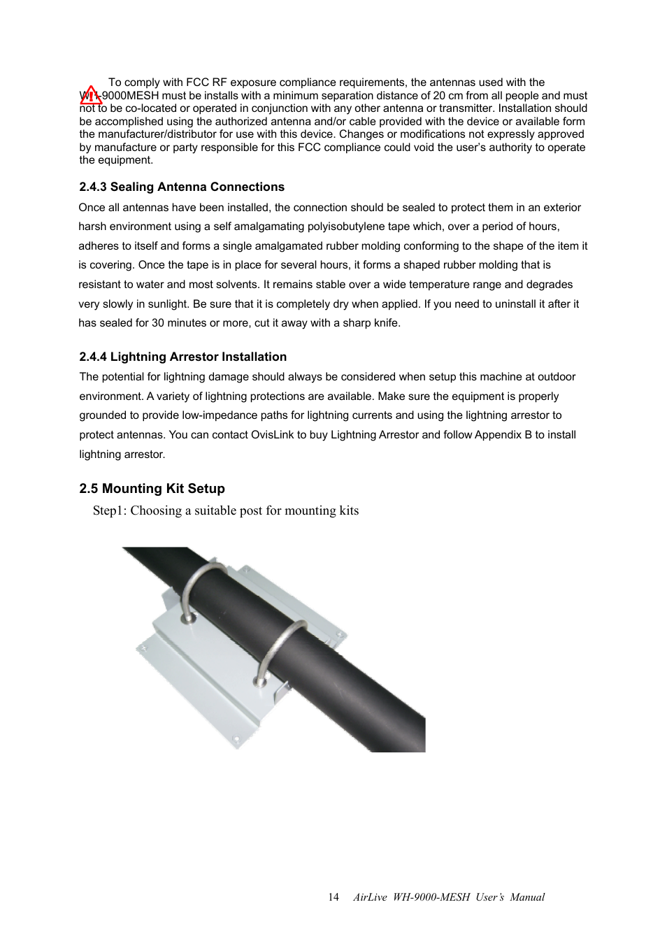 3 sealing antenna connections, 4 lightning arrestor installation, 5 mounting kit setup | AirLive WH-9000MESH User Manual | Page 15 / 66