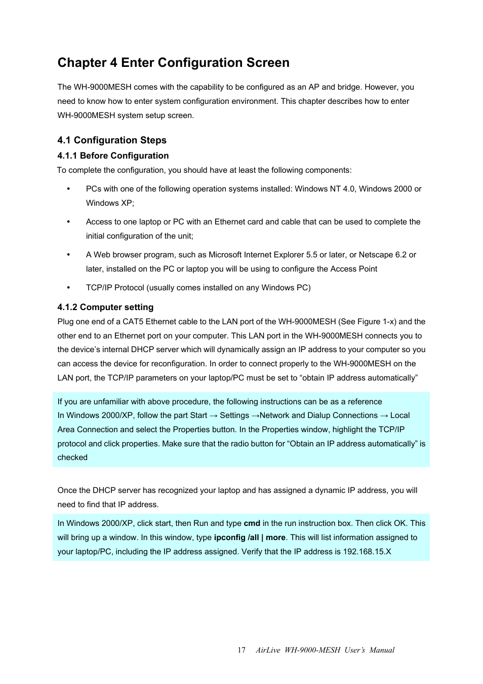 Chapter 4 enter configuration screen, 1 configuration steps, 1 before configuration | 2 computer setting, 1 before configuration 4.1.2 computer setting | AirLive WH-9000MESH User Manual | Page 18 / 66