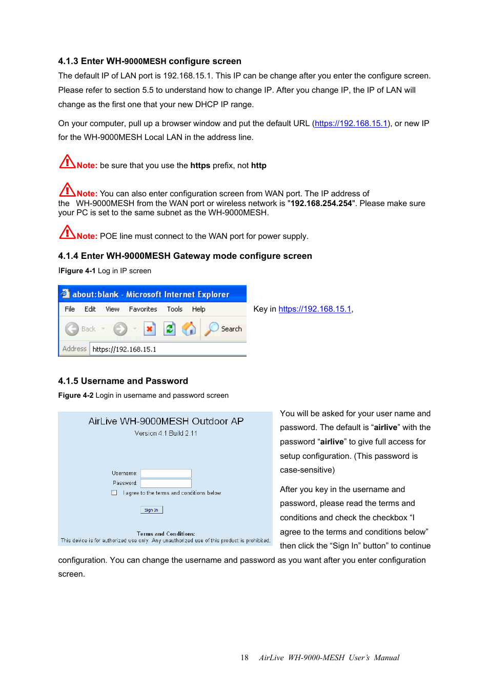 3 enter wh-9000mesh configure screen, 4 enter wh-9000mesh gateway mode configure screen, 5 username and password | AirLive WH-9000MESH User Manual | Page 19 / 66