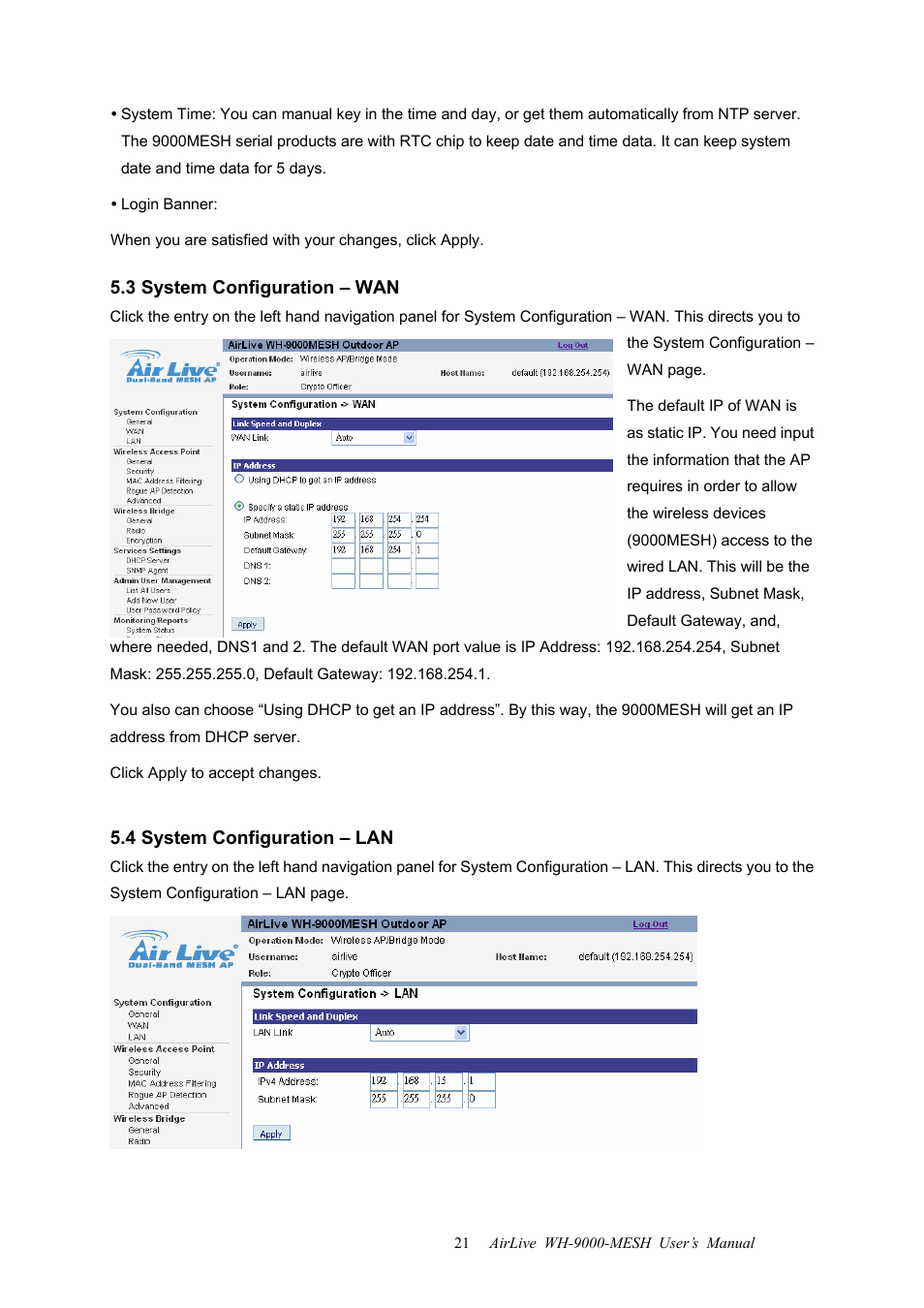 3 system configuration – wan, 4 system configuration – lan | AirLive WH-9000MESH User Manual | Page 22 / 66