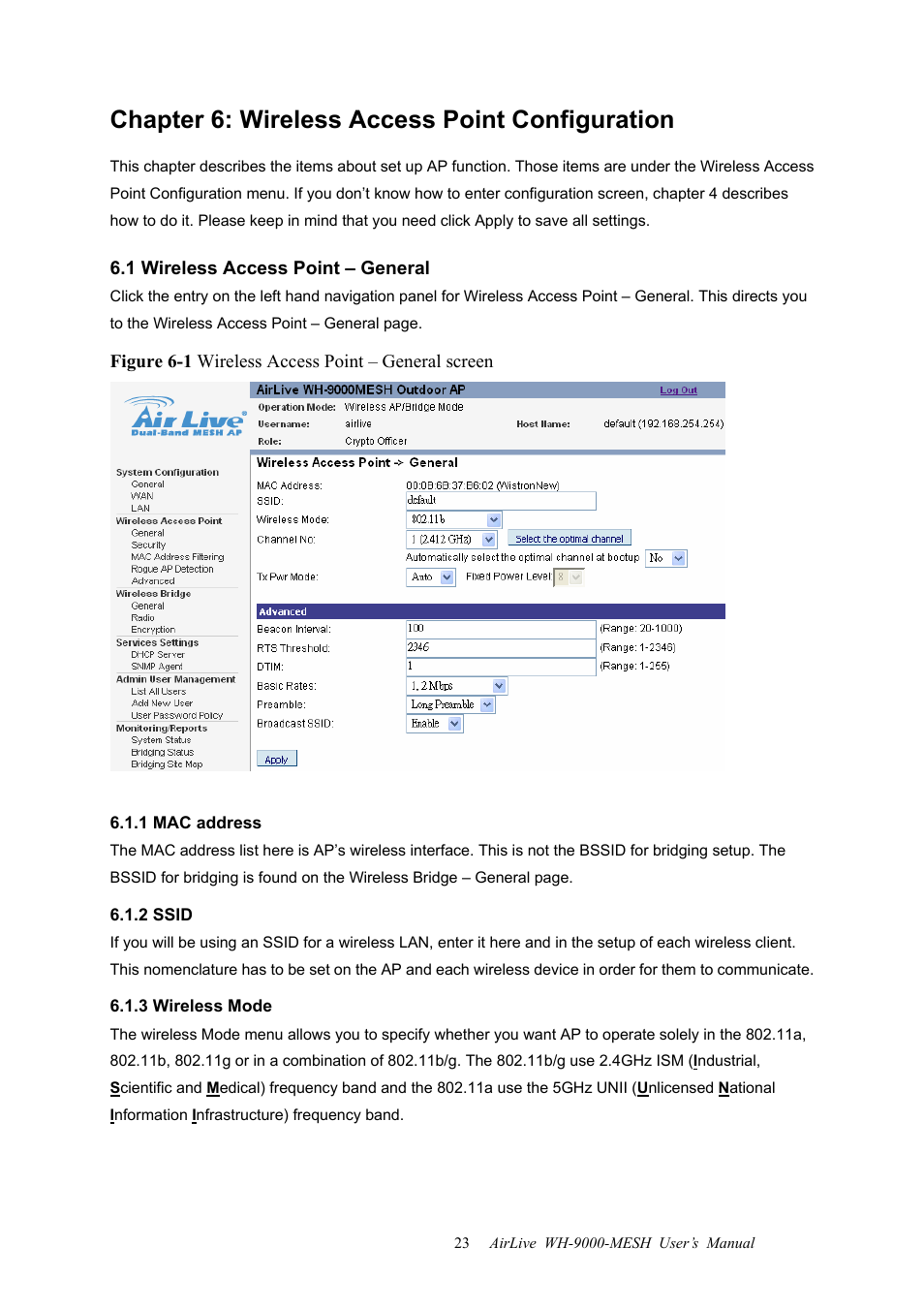 Chapter 6: wireless access point configuration, 1 wireless access point – general, 1 mac address | 2 ssid, 3 wireless mode, 2 ssid 6.1.3 wireless mode | AirLive WH-9000MESH User Manual | Page 24 / 66