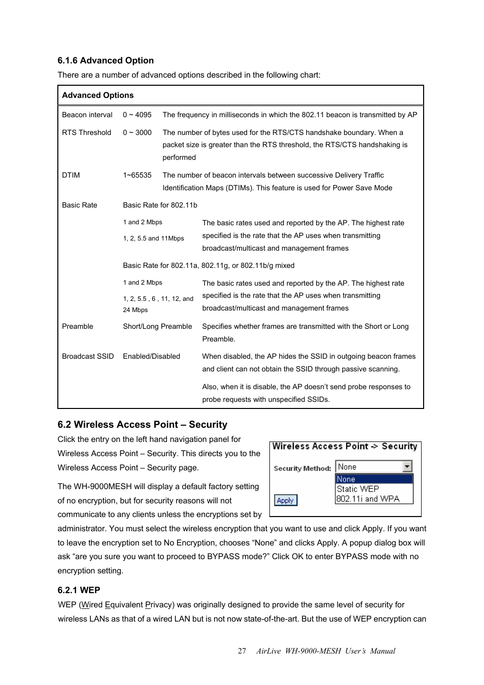 6 advanced option, 2 wireless access point – security, 1 wep | AirLive WH-9000MESH User Manual | Page 28 / 66