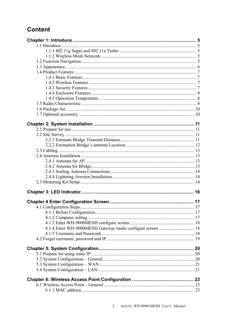 Content | AirLive WH-9000MESH User Manual | Page 3 / 66