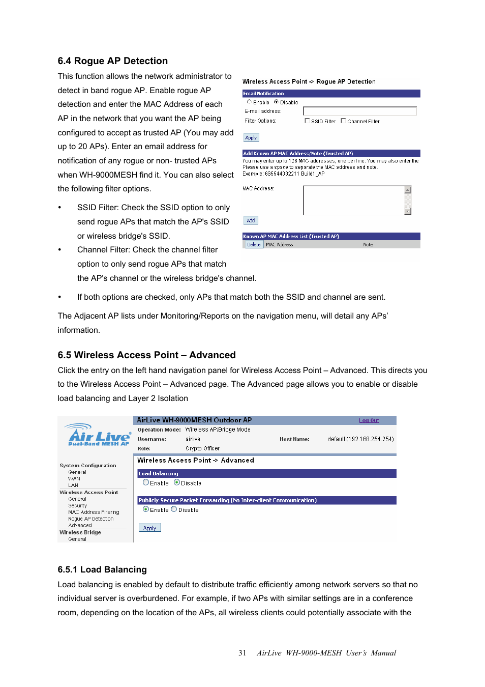 4 rogue ap detection, 5 wireless access point – advanced, 1 load balancing | AirLive WH-9000MESH User Manual | Page 32 / 66