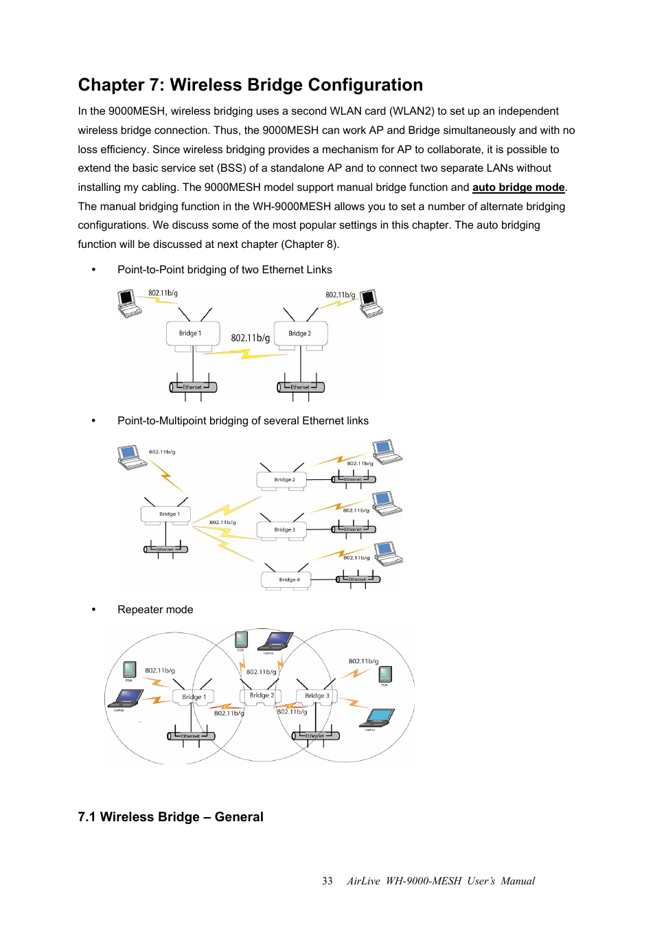 Chapter 7: wireless bridge configuration, 1 wireless bridge – general | AirLive WH-9000MESH User Manual | Page 34 / 66