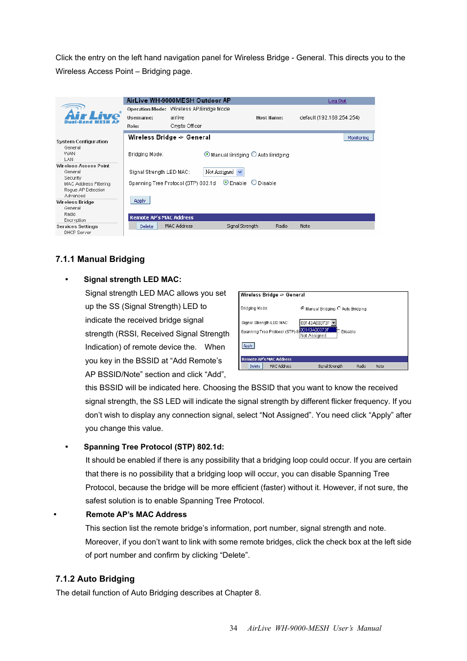 1 manual bridging, 2 auto bridging, 1 manual bridging 7.1.2 auto bridging | AirLive WH-9000MESH User Manual | Page 35 / 66