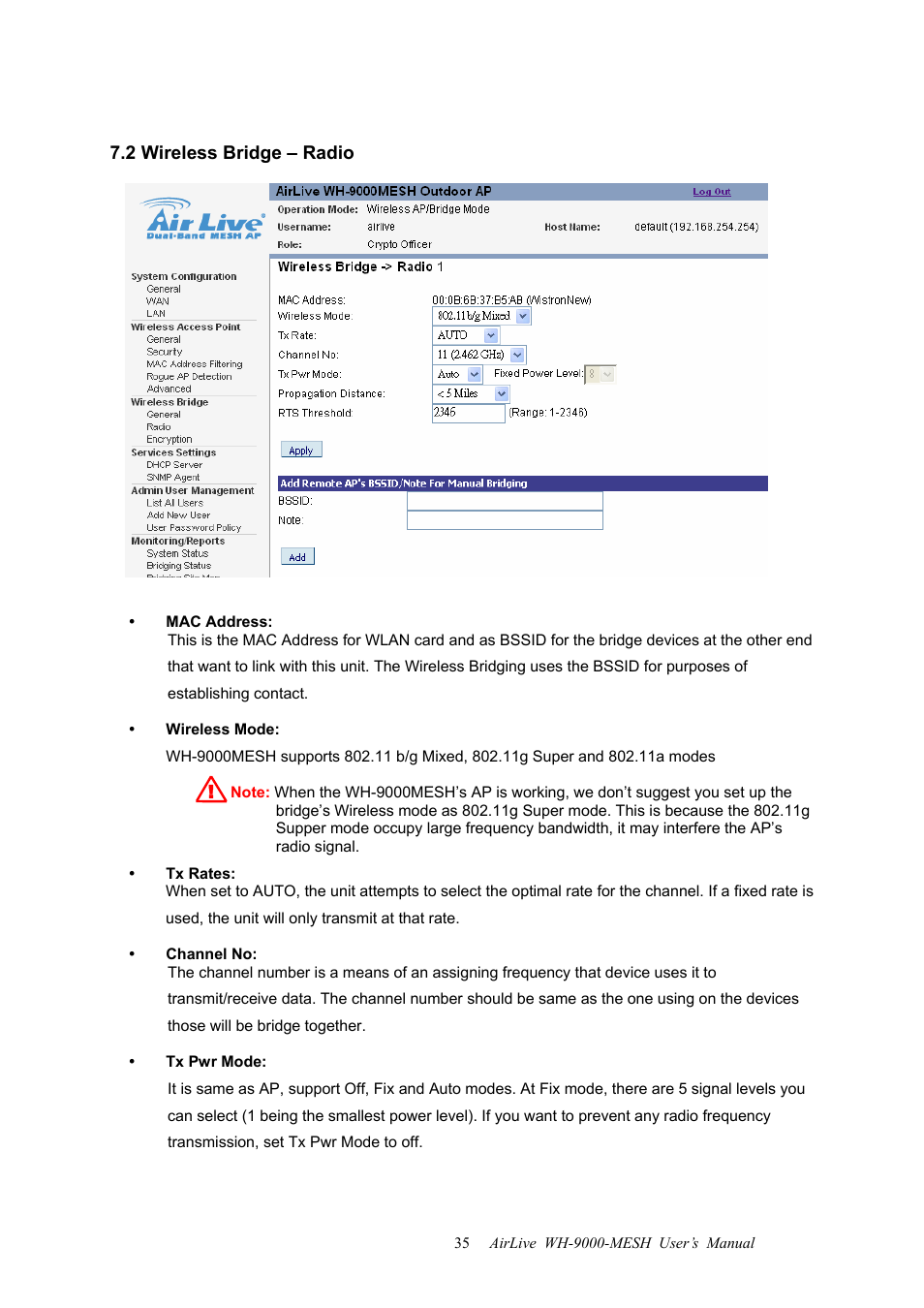 2 wireless bridge – radio | AirLive WH-9000MESH User Manual | Page 36 / 66