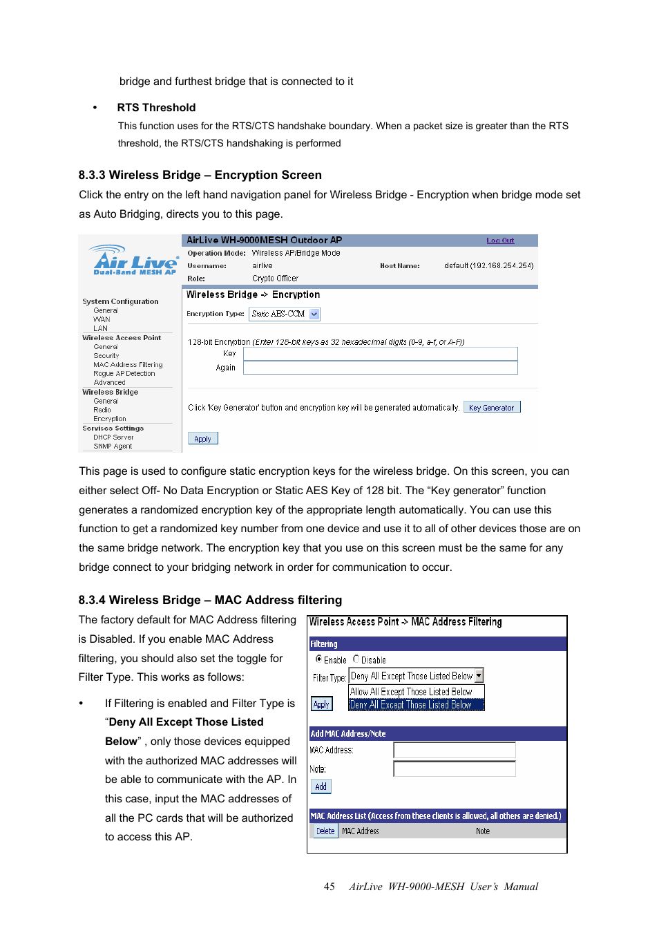 3 wireless bridge – encryption screen, 4 wireless bridge – mac address filtering | AirLive WH-9000MESH User Manual | Page 46 / 66