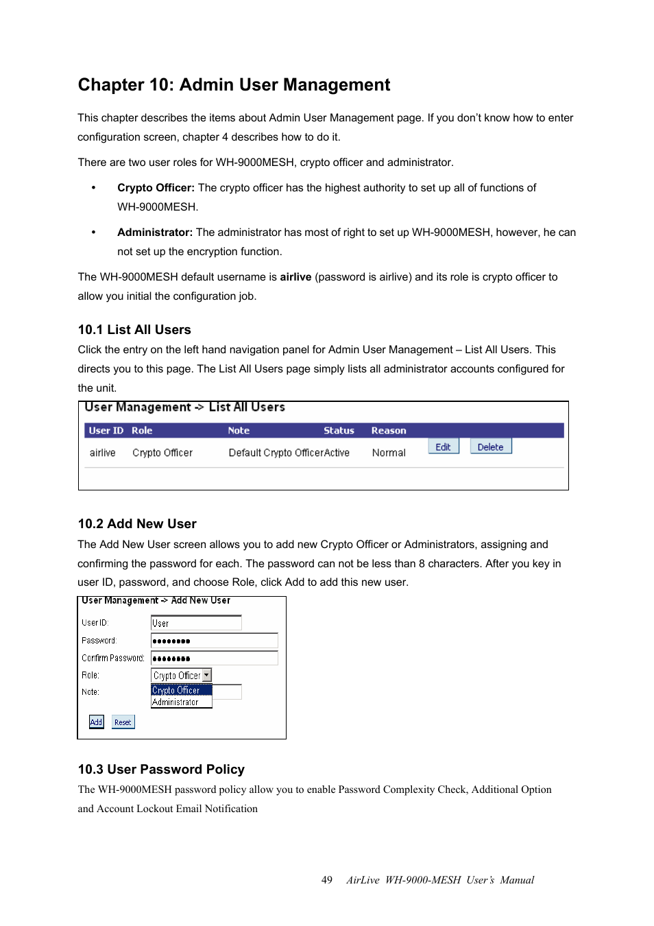 Chapter 10: admin user management, 1 list all users, 2 add new user | 3 user password policy | AirLive WH-9000MESH User Manual | Page 50 / 66