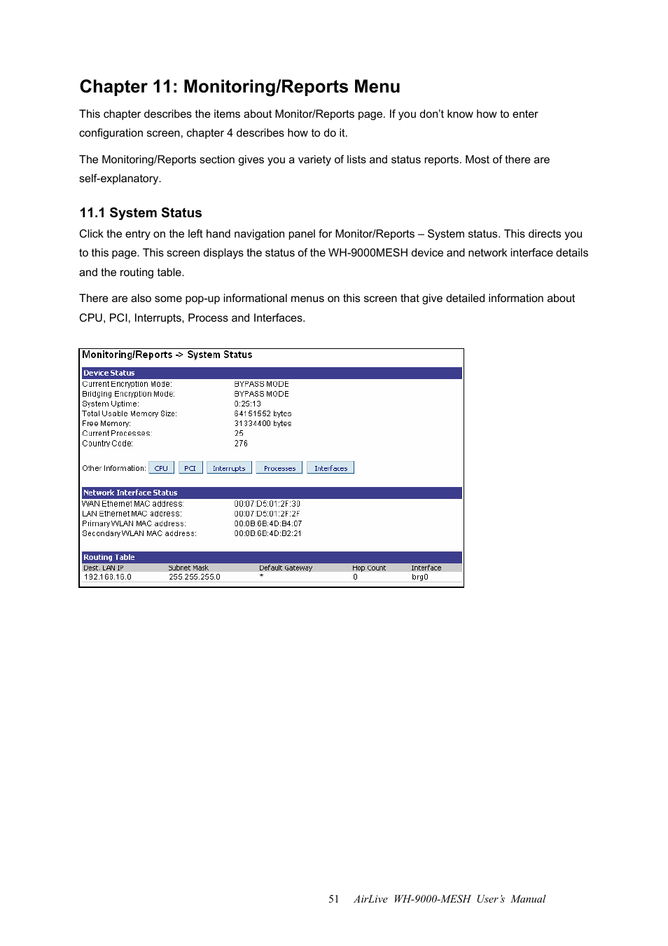 Chapter 11: monitoring/reports menu, 1 system status | AirLive WH-9000MESH User Manual | Page 52 / 66