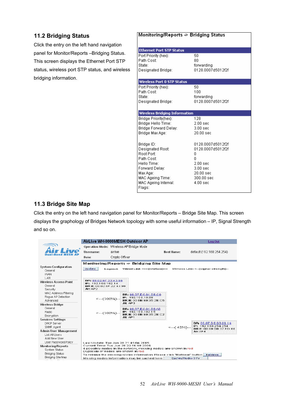 2 bridging status, 3 bridge site map, 2 bridging status 11.3 bridge site map | AirLive WH-9000MESH User Manual | Page 53 / 66