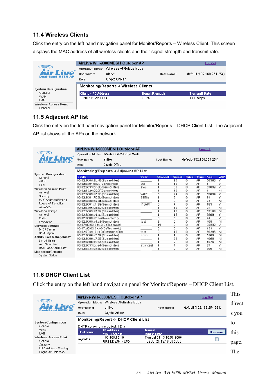 4 wireless clients, 5 adjacent ap list, 6 dhcp client list | 5 adjacent ap list 11.6 dhcp client list | AirLive WH-9000MESH User Manual | Page 54 / 66