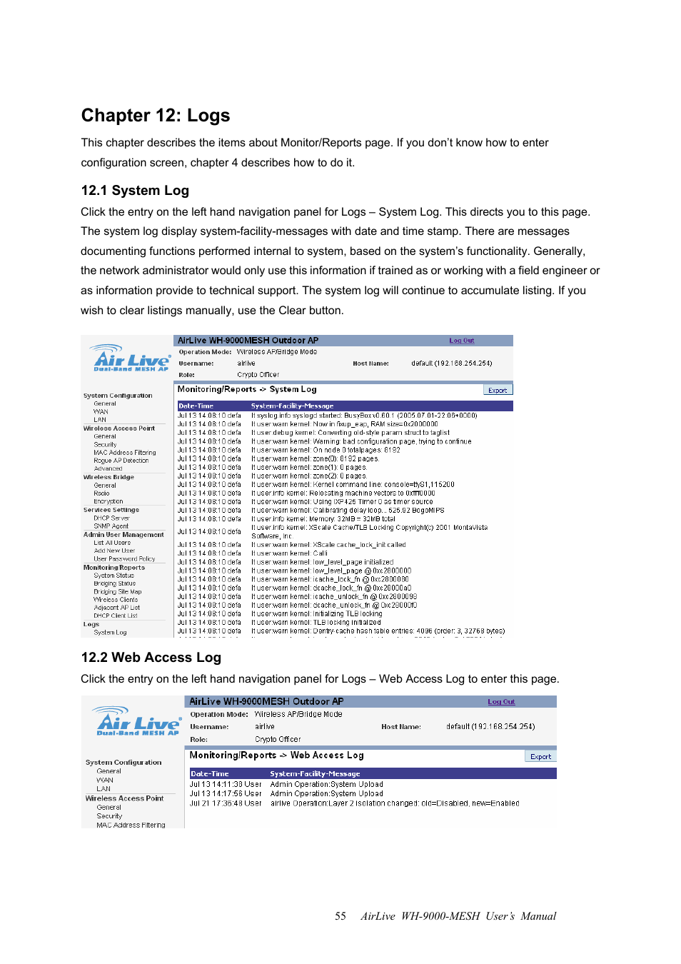 Chapter 12: logs, 1 system log, 2 web access log | 1 system log 12.2 web access log | AirLive WH-9000MESH User Manual | Page 56 / 66