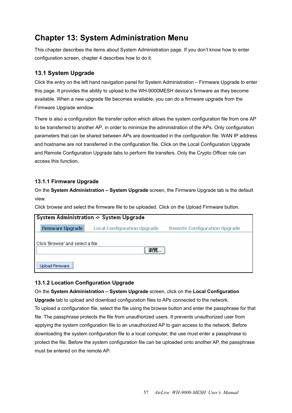 Chapter 13: system administration menu, 1 system upgrade, 1 firmware upgrade | 2 location configuration upgrade | AirLive WH-9000MESH User Manual | Page 58 / 66