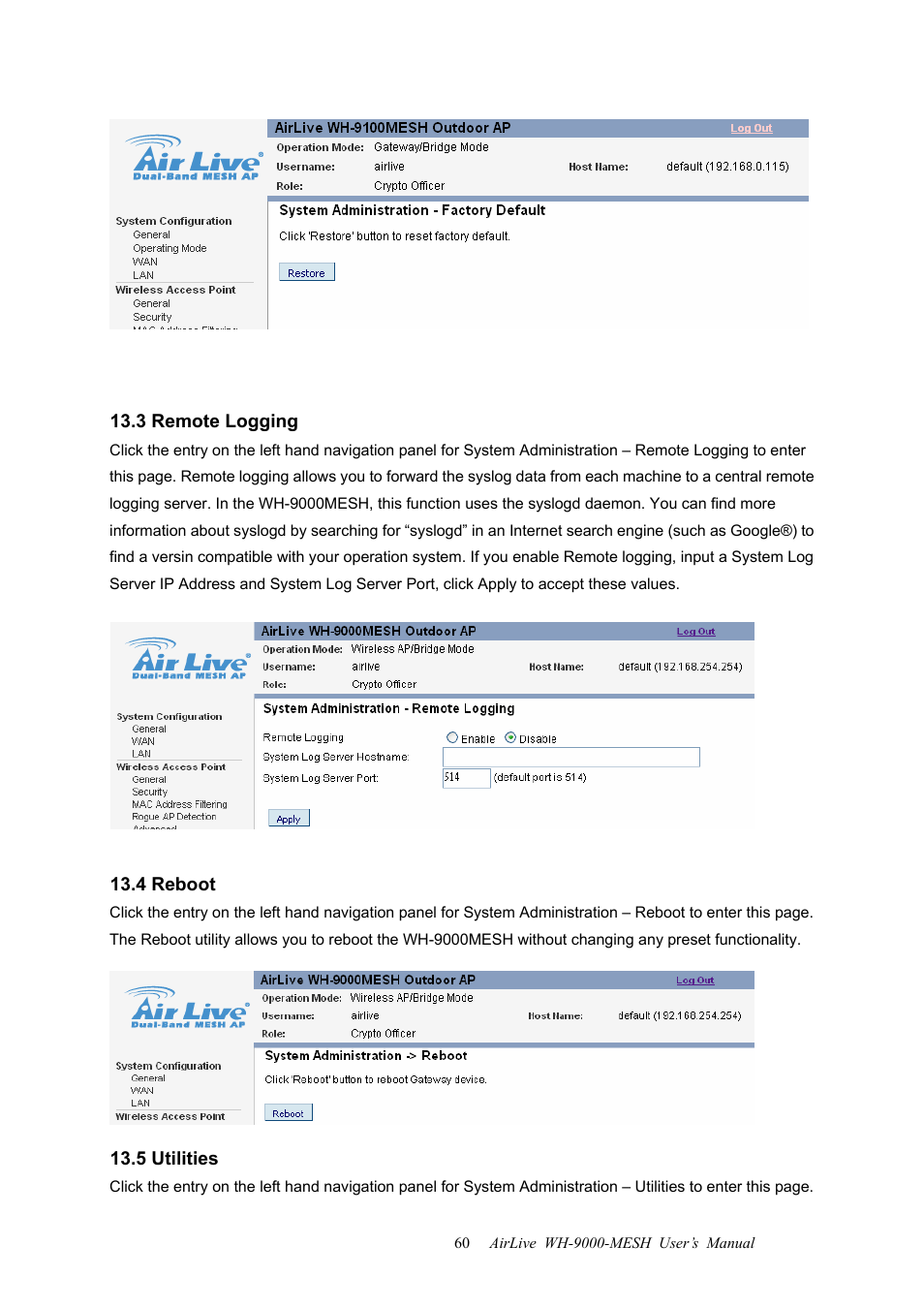 3 remote logging, 4 reboot, 5 utilities | 3 remote logging 13.4 reboot 13.5 utilities | AirLive WH-9000MESH User Manual | Page 61 / 66