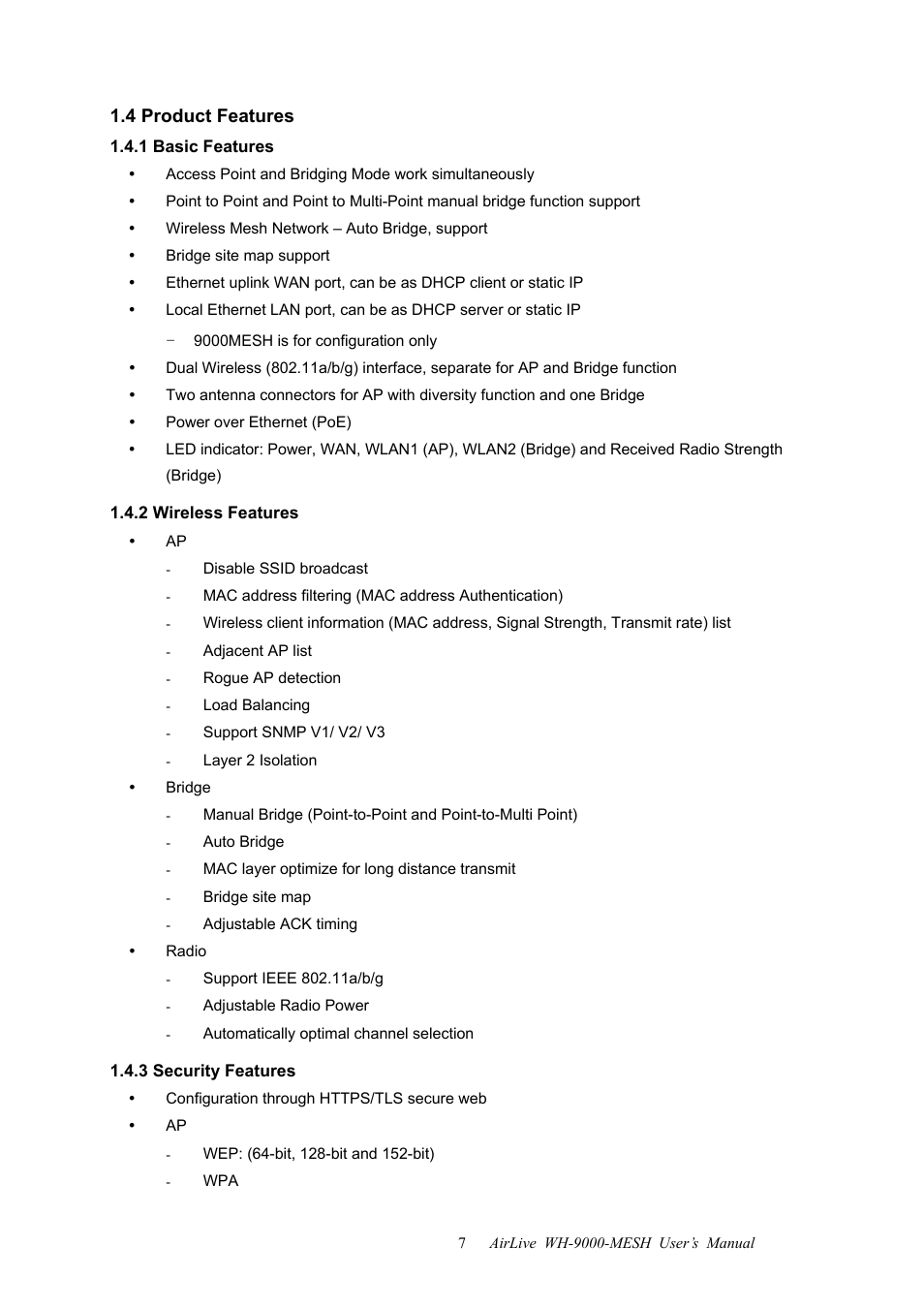 4 product features, 1 basic features, 2 wireless features | 3 security features | AirLive WH-9000MESH User Manual | Page 8 / 66