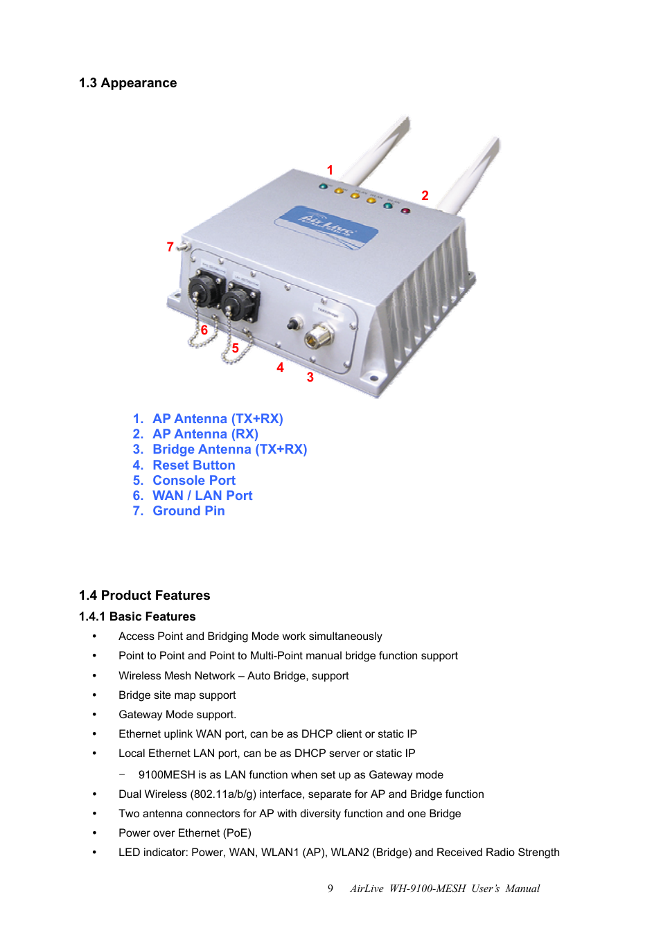 3 appearance, 4 product features, 1 basic features | 3 appearance 1.4 product features | AirLive WH-9100MESH User Manual | Page 10 / 74