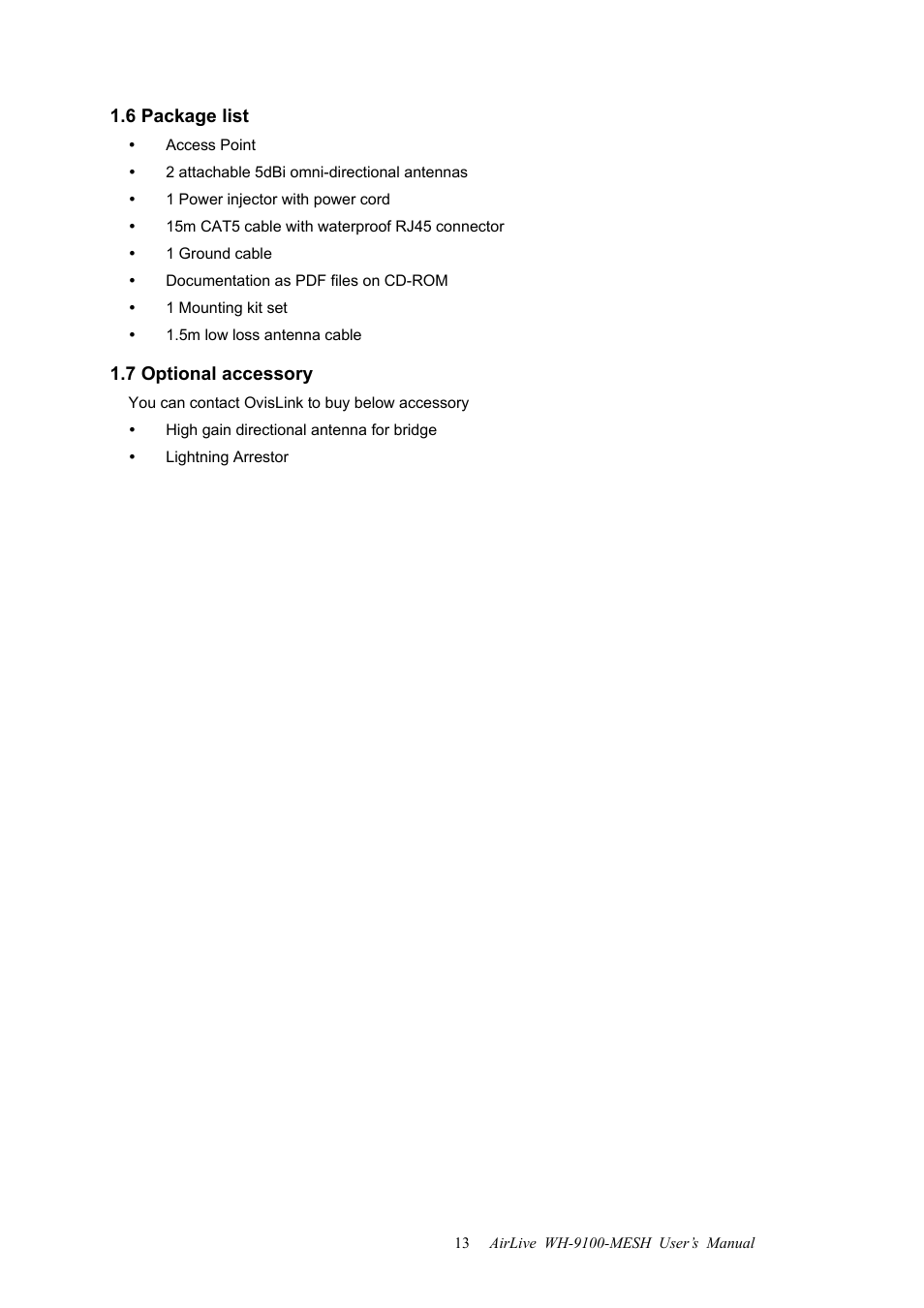 6 package list, 7 optional accessory, 6 package list 1.7 optional accessory | AirLive WH-9100MESH User Manual | Page 14 / 74