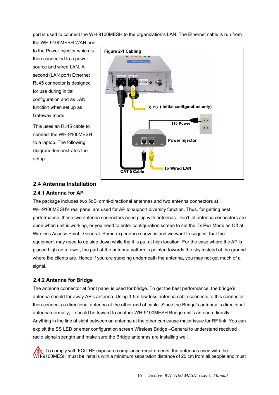 4 antenna installation, 1 antenna for ap, 2 antenna for bridge | 1 antenna for ap 2.4.2 antenna for bridge | AirLive WH-9100MESH User Manual | Page 17 / 74