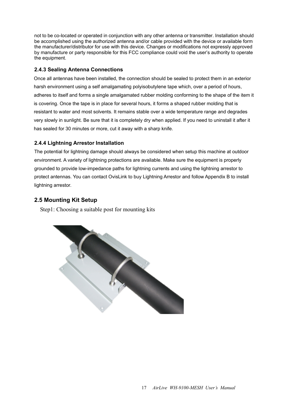 3 sealing antenna connections, 4 lightning arrestor installation, 5 mounting kit setup | AirLive WH-9100MESH User Manual | Page 18 / 74