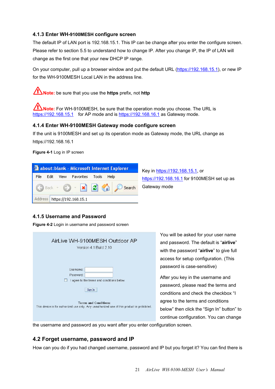 3 enter wh-9100mesh configure screen, 4 enter wh-9100mesh gateway mode configure screen, 5 username and password | 2 forget username, password and ip | AirLive WH-9100MESH User Manual | Page 22 / 74