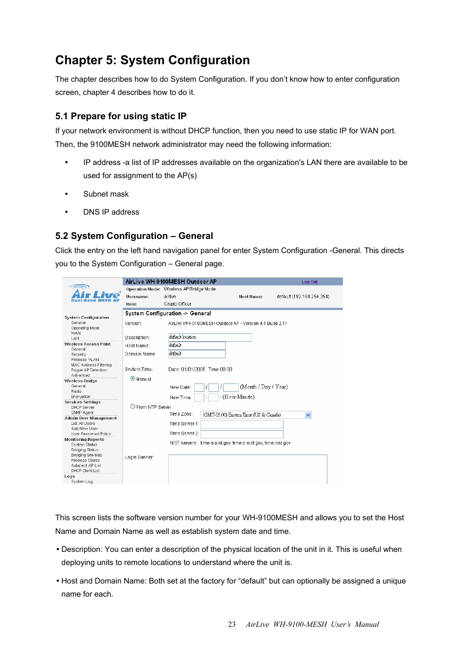 Chapter 5: system configuration, 1 prepare for using static ip, 2 system configuration – general | AirLive WH-9100MESH User Manual | Page 24 / 74