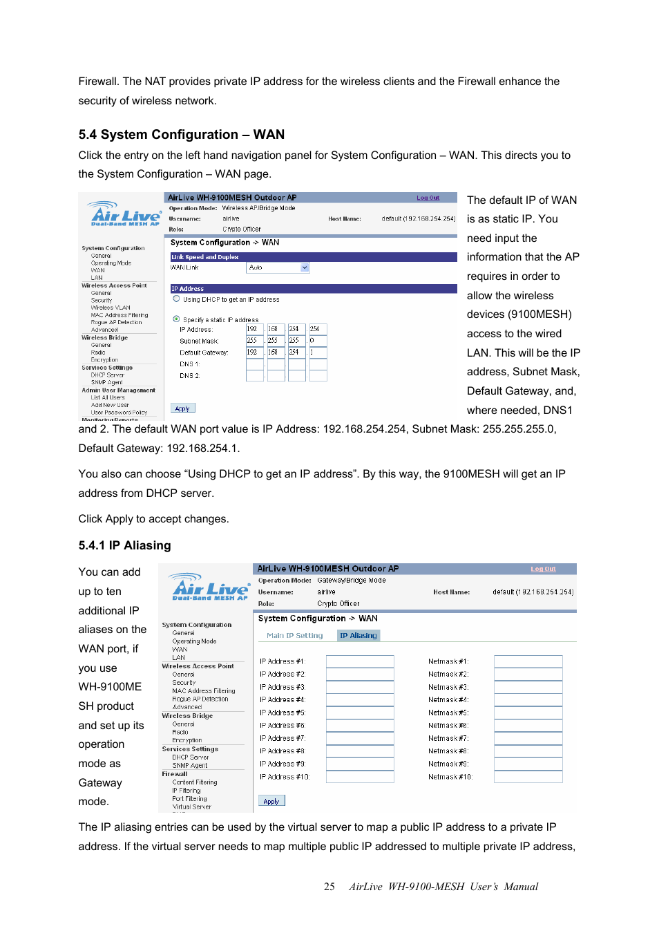 4 system configuration – wan, 1 ip aliasing | AirLive WH-9100MESH User Manual | Page 26 / 74