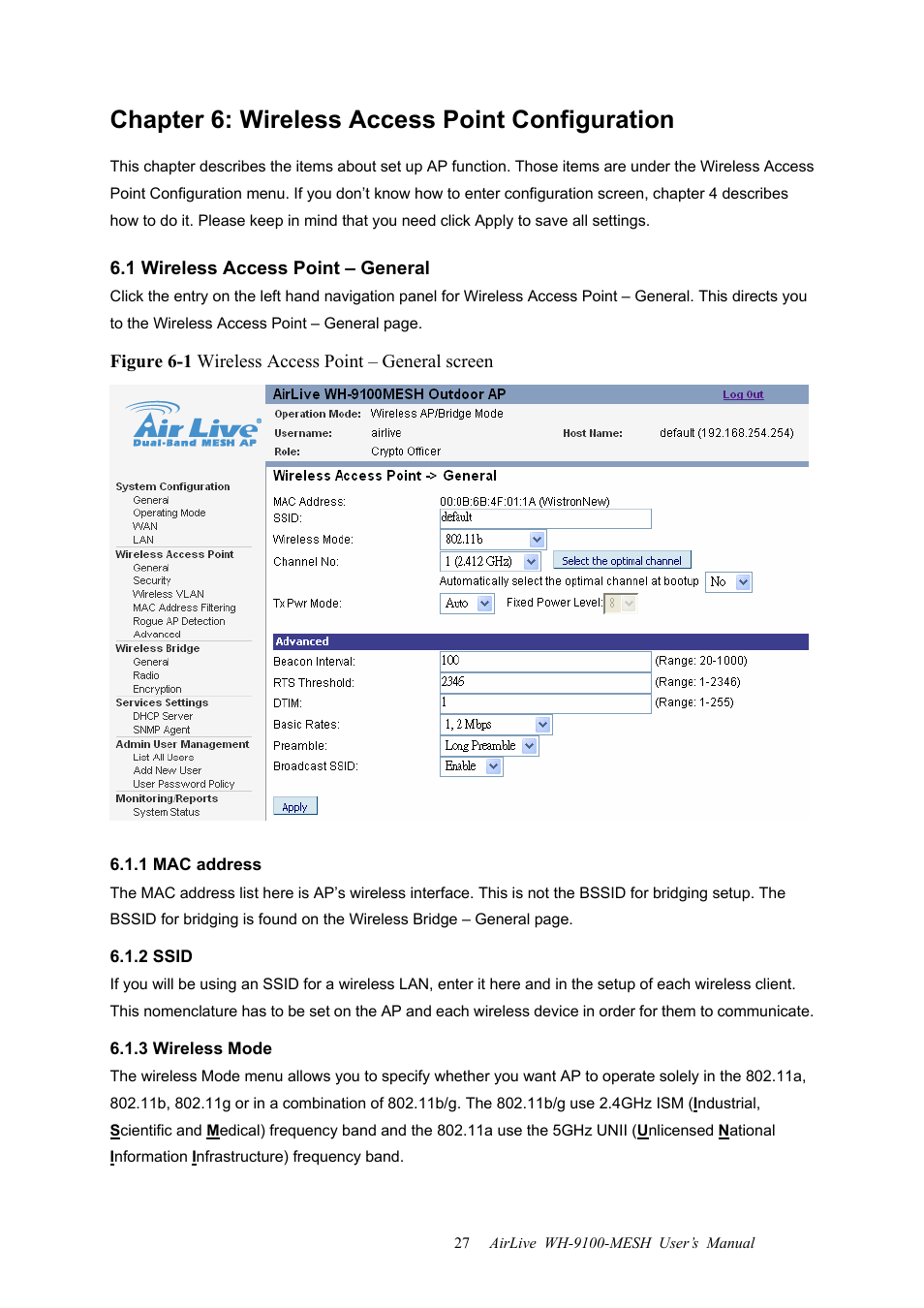 Chapter 6: wireless access point configuration, 1 wireless access point – general, 1 mac address | 2 ssid, 3 wireless mode, 1 mac address 6.1.2 ssid 6.1.3 wireless mode | AirLive WH-9100MESH User Manual | Page 28 / 74