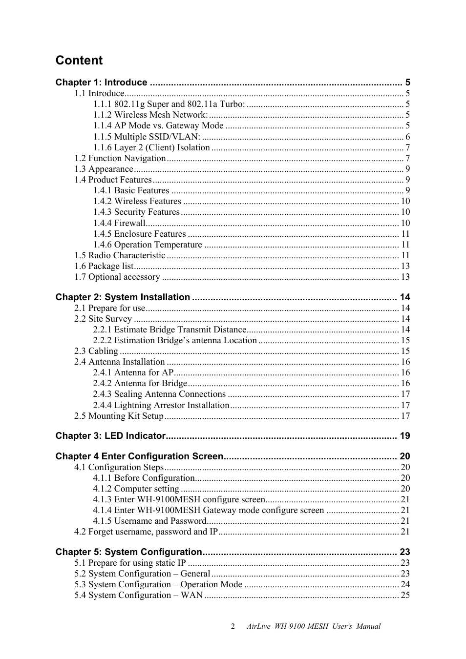 Content | AirLive WH-9100MESH User Manual | Page 3 / 74