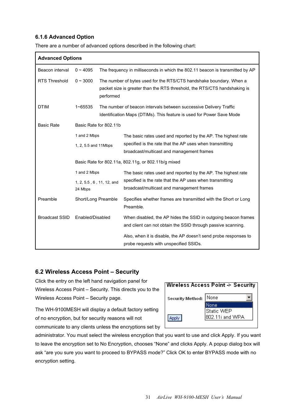 6 advanced option, 2 wireless access point – security | AirLive WH-9100MESH User Manual | Page 32 / 74