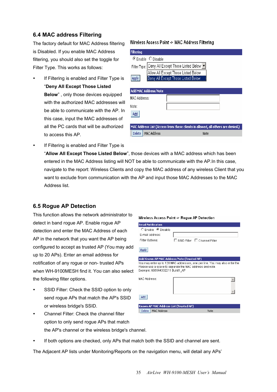 4 mac address filtering, 5 rogue ap detection, 4 mac address filtering 6.5 rogue ap detection | AirLive WH-9100MESH User Manual | Page 36 / 74