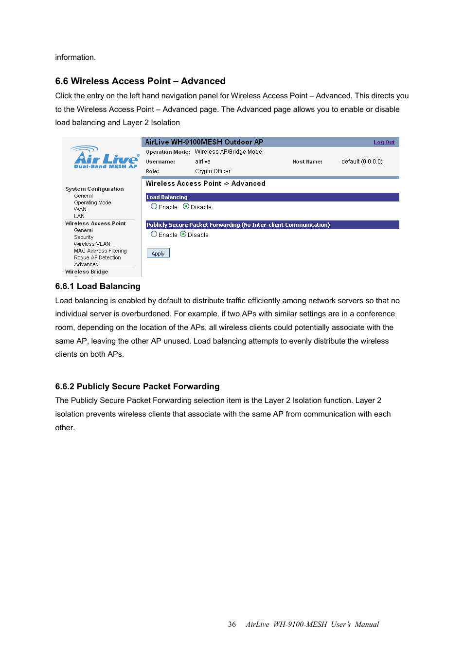 6 wireless access point – advanced, 1 load balancing, 2 publicly secure packet forwarding | AirLive WH-9100MESH User Manual | Page 37 / 74