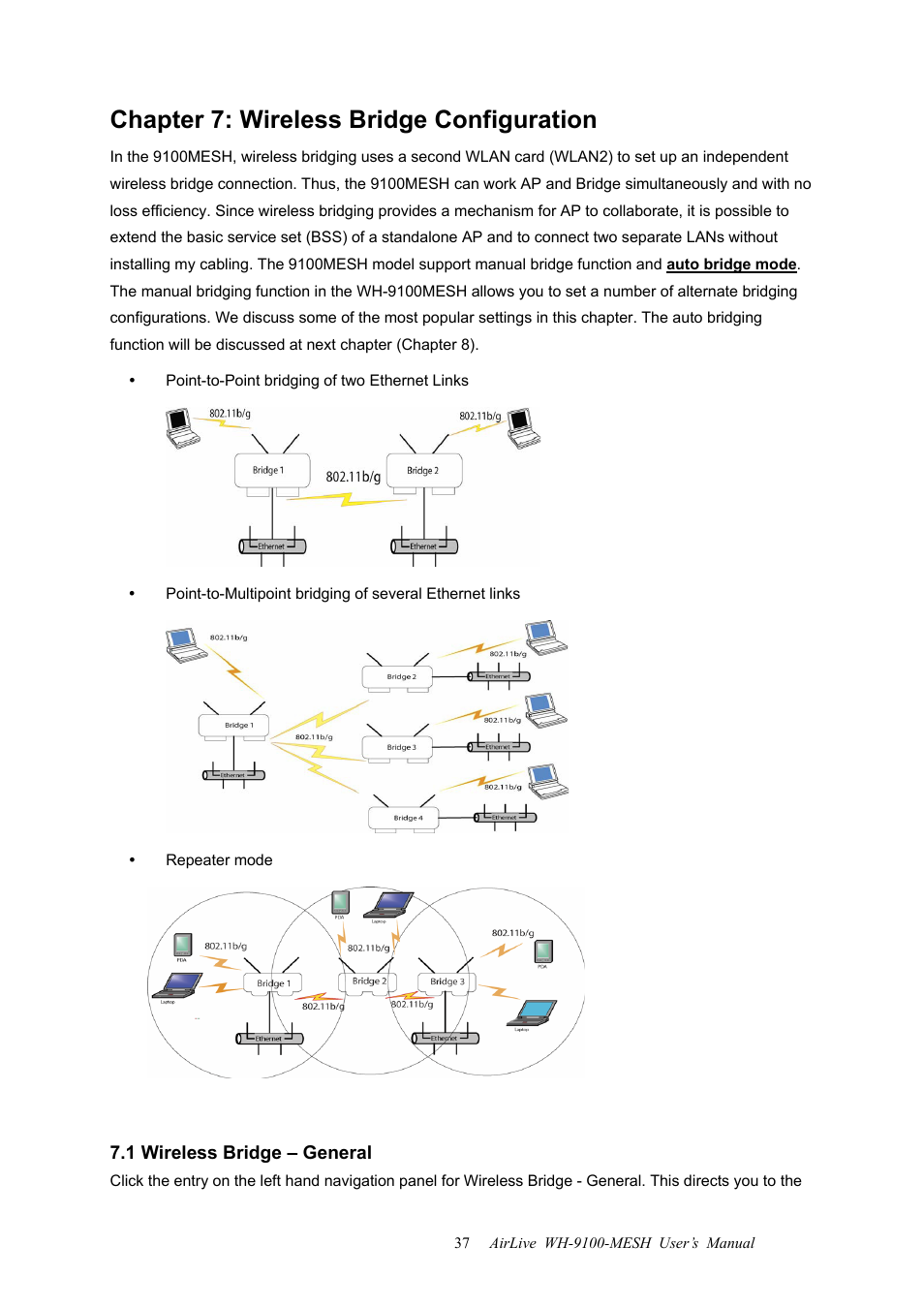 Chapter 7: wireless bridge configuration, 1 wireless bridge – general | AirLive WH-9100MESH User Manual | Page 38 / 74