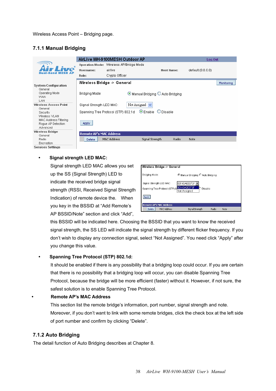 1 manual bridging, 2 auto bridging, 1 manual bridging 7.1.2 auto bridging | AirLive WH-9100MESH User Manual | Page 39 / 74