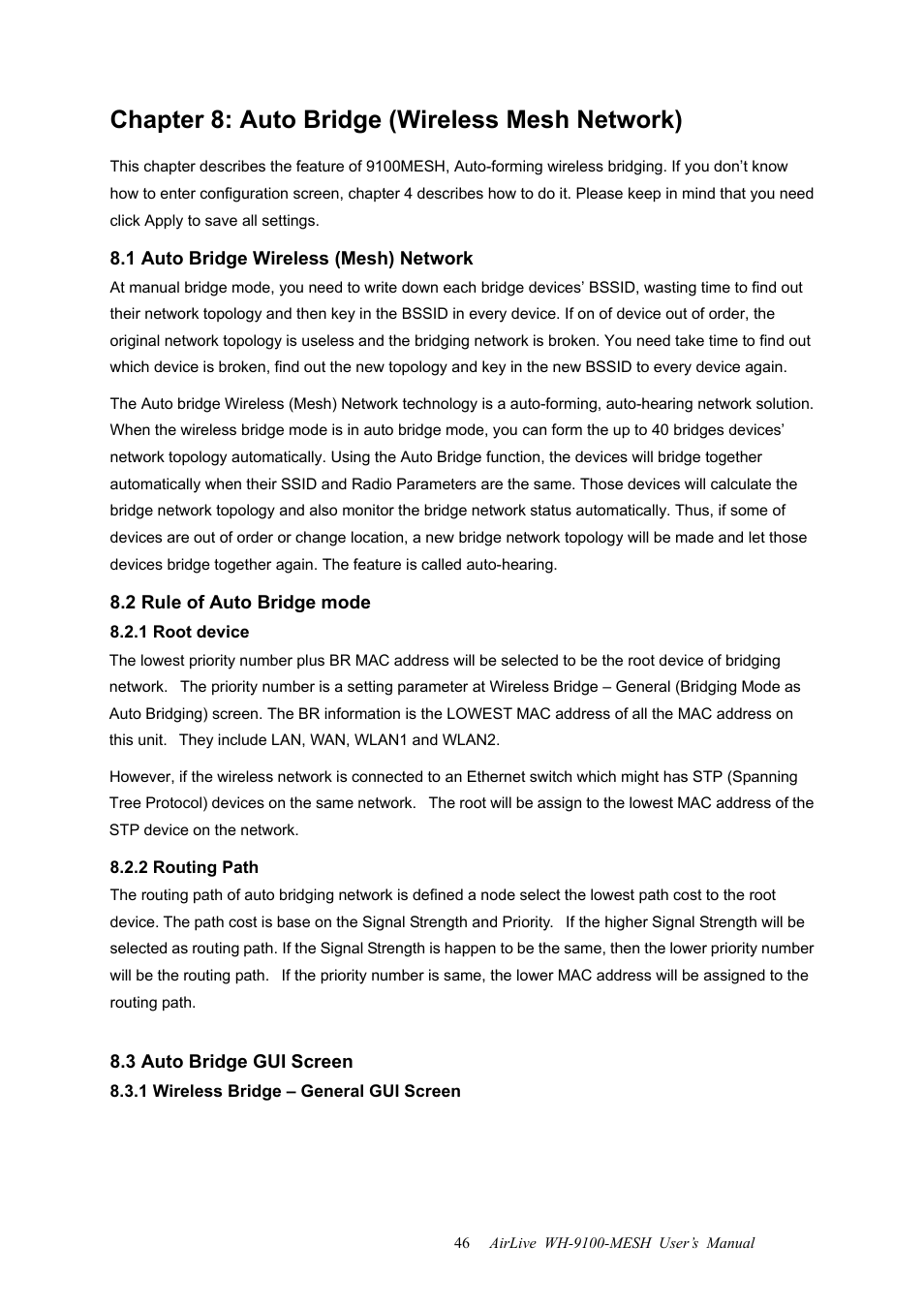 Chapter 8: auto bridge (wireless mesh network), 1 auto bridge wireless (mesh) network, 2 rule of auto bridge mode | 1 root device, 2 routing path, 3 auto bridge gui screen, 1 wireless bridge – general gui screen, 1 root device 8.2.2 routing path | AirLive WH-9100MESH User Manual | Page 47 / 74