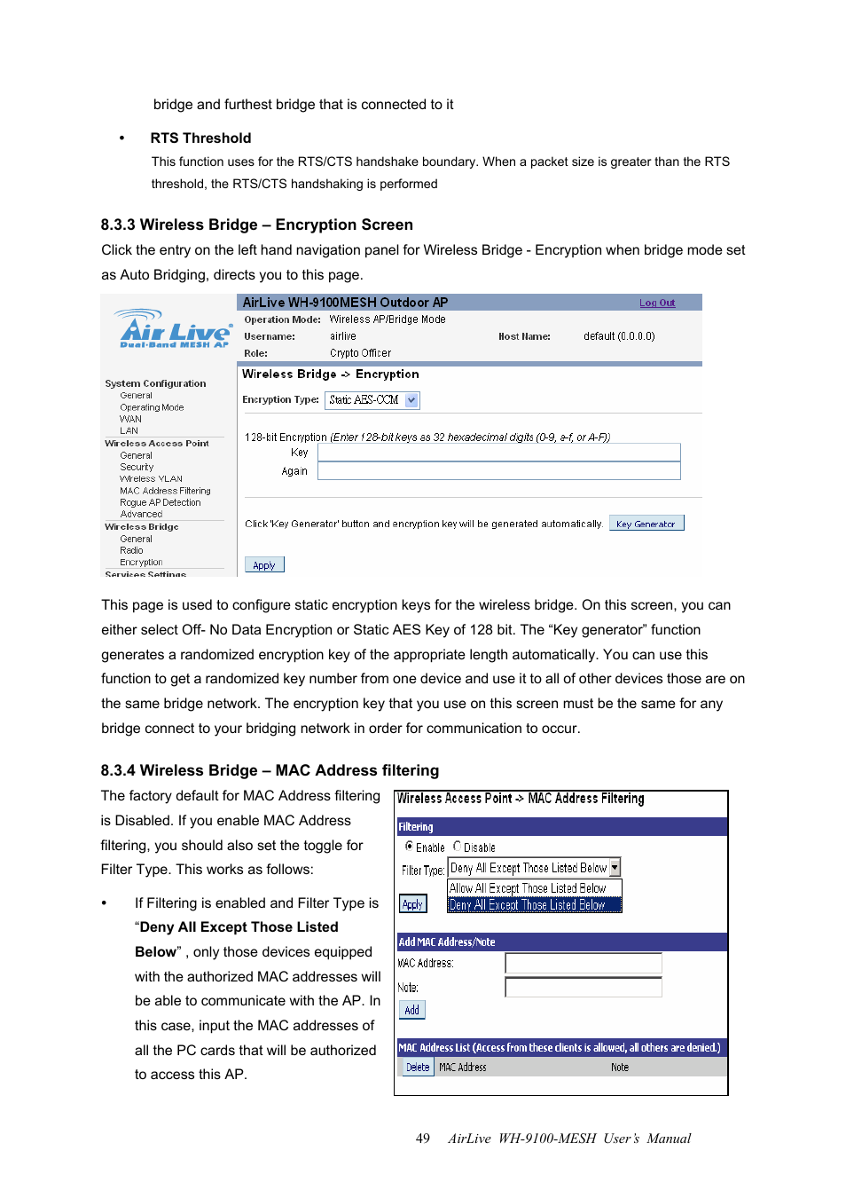 3 wireless bridge – encryption screen, 4 wireless bridge – mac address filtering | AirLive WH-9100MESH User Manual | Page 50 / 74