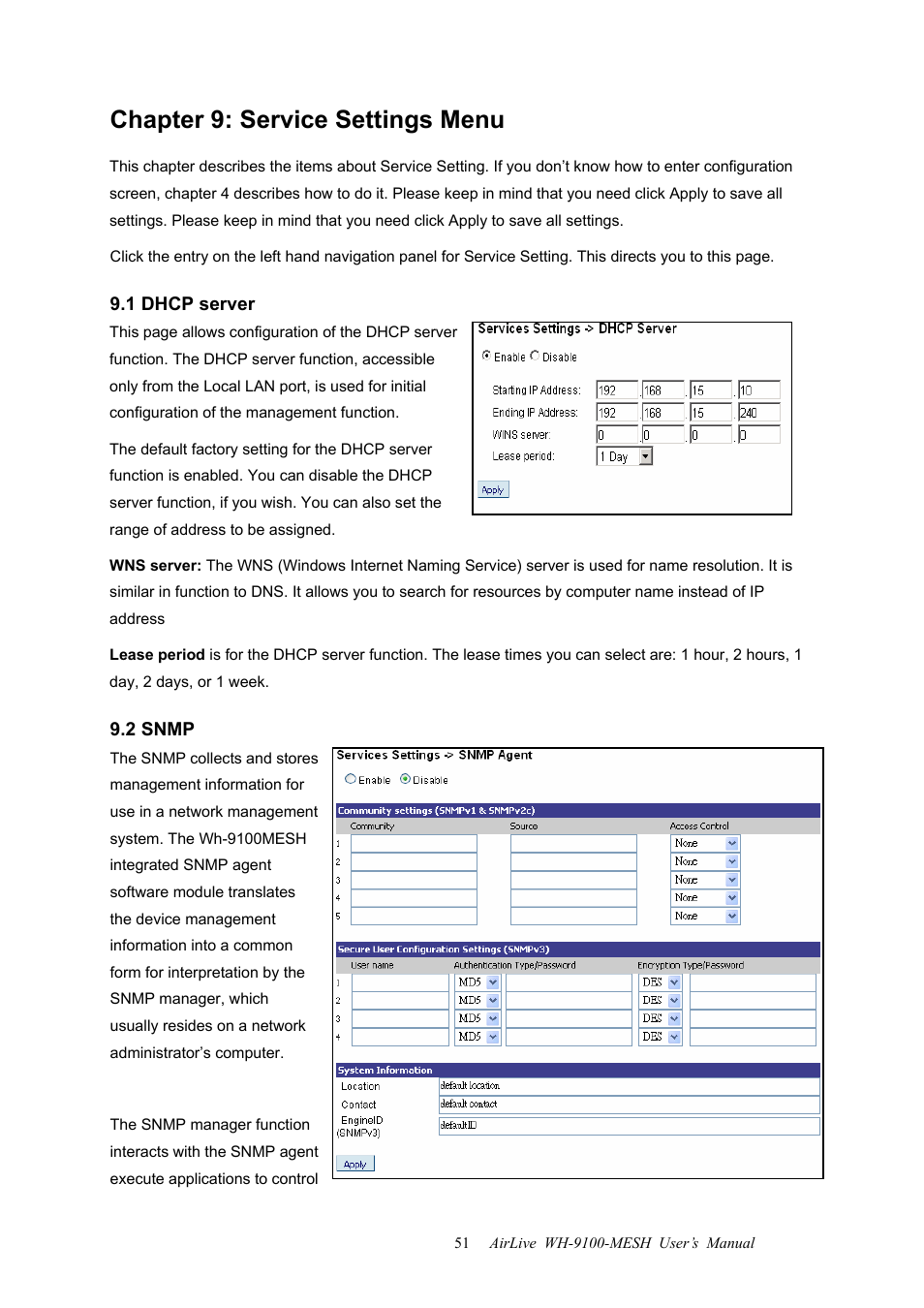 Chapter 9: service settings menu, 1 dhcp server, 2 snmp | 1 dhcp server 9.2 snmp | AirLive WH-9100MESH User Manual | Page 52 / 74