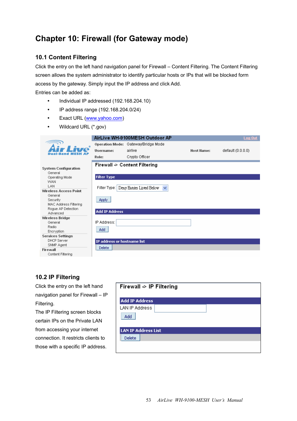 Chapter 10: firewall (for gateway mode), 1 content filtering, 2 ip filtering | 1 content filtering 10.2 ip filtering | AirLive WH-9100MESH User Manual | Page 54 / 74