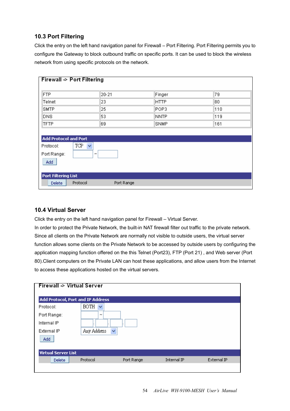 3 port filtering, 4 virtual server, 3 port filtering 10.4 virtual server | AirLive WH-9100MESH User Manual | Page 55 / 74